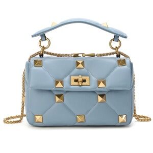Studded Quilted Top-Handle Bag in Light Blue